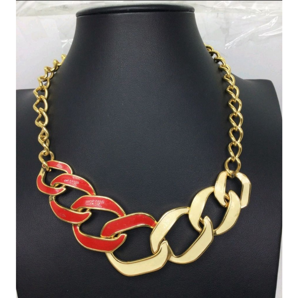 Vintage Monet Red & White Enamel Chain Link Necklace EUC 18"